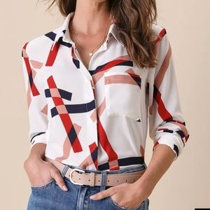 White geometric print button down blouse